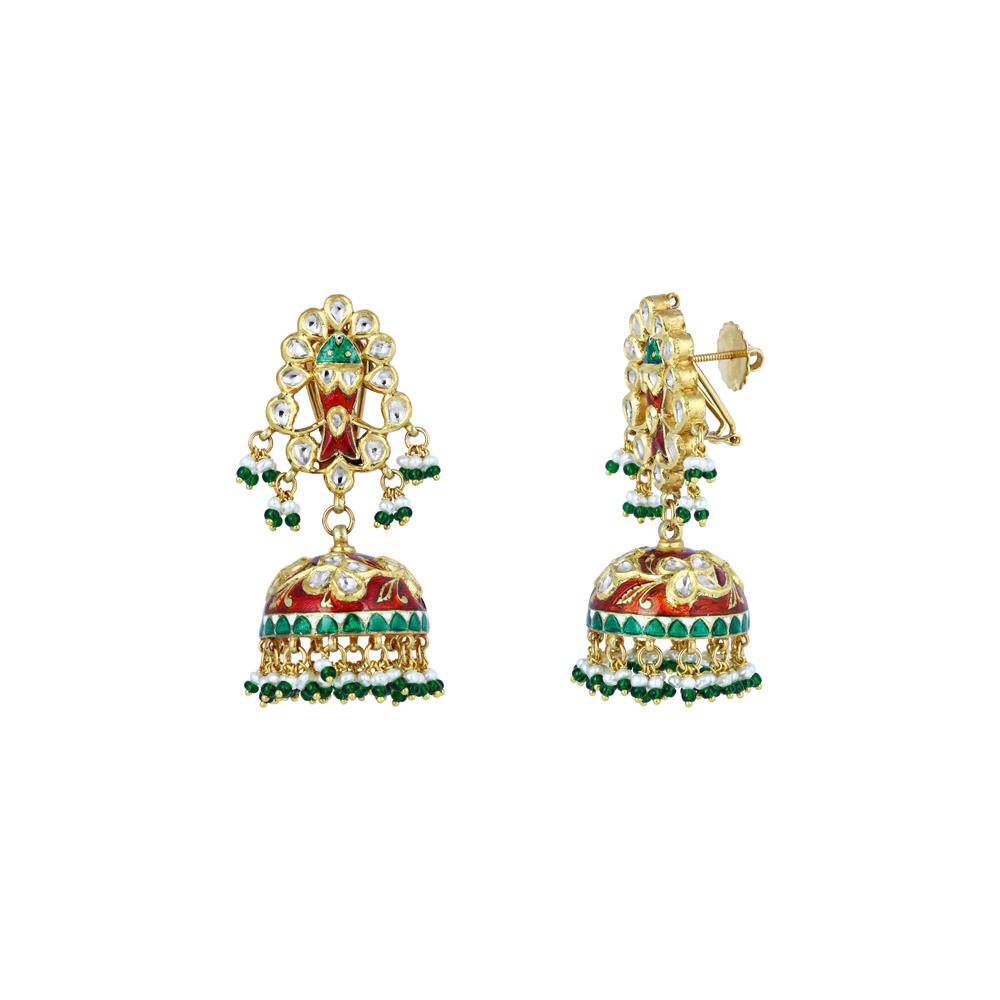 Polki Jhumka Earrings with Red-Green Enamel and Green Beads
